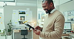 Mature man, smile and tablet in office for planning research, reading information online and update app. Happy african entrepreneur thinking of digital news, software and search network for business