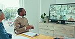 Business people, team and video conference meeting in office for online presentation, feedback and collaboration on screen. Black man, virtual communication and planning global webinar for management