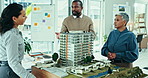 Business people, 3d model and architecture in office for design planning, development or project teamwork. Group engineering, manager or designer in collaboration with city building and prototype