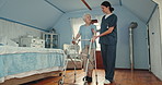 Caregiver, walker and senior woman in home for medical support, rehabilitation or healthcare recovery in retirement. Nurse helping elderly lady with disability, walking frame and healing in bedroom 