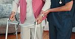 Nurse, walker and hands of senior person in home for medical support, rehabilitation or recovery in retirement. Closeup, caregiver or helping elderly patient with disability, walking frame or healing