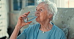 Senior woman, drinking glass of water in home for healthy nutrition, diet and detox in retirement. Thirsty elderly lady with refreshing liquid, aqua and h2o for clean benefits, hydration and vitamins