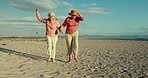 Beach, friends and summer with senior women, fun and retirement with adventure, sand and peace. Happiness, outdoor or mature people with holiday, seaside and ocean with wellness, weekend break or joy