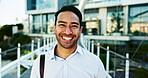 Businessman, face and laughing outdoor in city with confidence and pride for corporate career with bag. Asian man, portrait or happy in urban town with travel, commute and journey to workplace or job