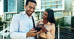 Smile, phone and business people on coffee break in city, social media and internet. Smartphone, man and woman on urban bridge, friends networking or consultant conversation, funny or laugh together
