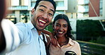 Man, woman and selfie or outdoor on business work trip for professional networking, meeting or corporate opportunity. Friends, colleagues and social media update for company,  teamwork or partnership