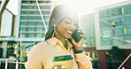 Happy woman, phone call and coffee in city for conversation, business or proposal in urban town. Female person or employee smile talking on mobile smartphone with latte or tea for discussion outside