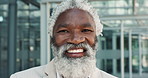 Happy, face and senior businessman in city with positive, good and confident attitude for legal career. Smile, pride and portrait of professional elderly African male lawyer from Mexico in urban town