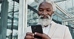 Outdoor, business and senior man with cellphone, social media and connection with website information. Entrepreneur, African person and employee with smartphone, mobile user and contact with network