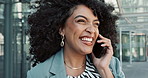 Happy black woman, phone call and laughing for funny joke, business conversation or communication in city. Face of African female person, afro and smile talking on mobile smartphone in fun discussion