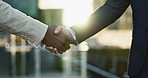 Business people, shaking hands and city meeting for b2b partnership, outdoor deal and travel success. Corporate or professional clients handshake for consulting, welcome or introduction in urban town