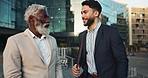 Discussion, smile and business men in the city in collaboration on corporate law case. Happy, teamwork and male attorney with legal manager talking on project together on stairs in urban town.