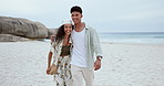 Hug, happy and couple walking at a beach with love, fun or conversation, bonding and laughing in nature. Travel, comic and funny people holding hands at sea with romance, support or adventure in Bali