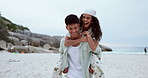 Couple at beach, piggyback and laughing together at funny story with love, connection and trust outdoor. Happiness, freedom and young man with woman on vacation, hug and communication with respect