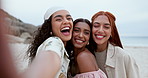 Beach selfie, face and women friends in nature for travel, bonding or having fun outdoor together. Ocean, freedom and portrait of happy influencer people smile for social media profile picture at sea