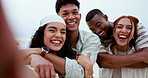 Friends, group and beach selfie with face, smile and hug with happy couple, post or web blog on vacation. Men, women and gen z people with diversity, holiday or laugh for photography for social media