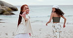 Face, beach and women friends running to water with freedom, fun and come hand gesture in nature. Energy, travel and excited people portrait at sea for tropical journey, adventure or trip in Florida