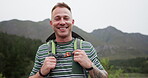 Man, backpack and trekking in nature for travel adventure, wellness and fitness or outdoor journey happy face. Hiker or person hiking in a forest and mountains for exercise, training and eco tourism