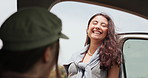 Women friends, car and laughing on road trip, travel or holiday with conversation, chat or adventure. Girl, transportation and journey with talking, happy and outdoor in nature by vehicle in Spain