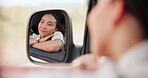 Window, mirror and road trip with black woman in car for travel, freedom or summer adventure. Face, relax and reflection with happy young passenger in vehicle for vacation or holiday transportation