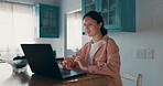 Remote work from home, laptop and woman with video call, conversation or copywriting with connection, app or online chatting. Freelancer, apartment or agent with computer, virtual meeting or speaking