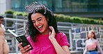 Funny, phone or woman in city on social media to chat on meme post, website or notification. Mobile app, student or happy influencer with smile in street for texting online, laughing or reading news