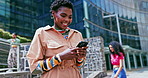 Fashion, phone or black woman in city on social media to chat on internet meme or website for notification. Mobile app, cool or happy influencer with smile texting online, networking or reading news