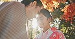 Couple, forehead touch and sunshine with love in park, Japanese people together on date with love and affection. Lens flare, summer and man with woman outdoor, commitment and loyalty with peace