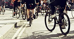 Group of people on their morning commute through a city street