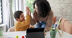 Mom, high five or child with tablet for elearning education, development growth or homework success. Family, happy mother or school kid with motivation, support or teaching for an online project