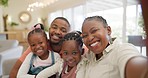 Black family, selfie and happy with parents and children at home, love and bonding with memory for social media. Live streaming, happiness and portrait, together and people smile in picture for post