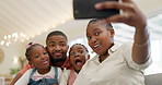 Black family, selfie and funny face, parents and kids at home, fun and bonding with memory for social media. Live streaming, playful and portrait, people with goofy expression in picture for post