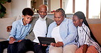 Family, tablet and browsing on internet at home, love and bonding for connection on weekend. Black grandparents, children and teaching senior people on technology, knowledge and learning on couch