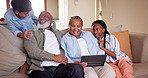 Family, tablet and streaming a movie at home, love and bonding on weekend. Black grandparents, children and watching online and website for series or app, browsing and happy or care on internet