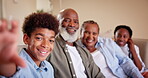 Hand, family selfie and face for photograph at home, happy and together to capture moment on sofa. Black grandparents, children and smiling in portrait, bonding and love for social media update