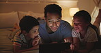 Father, kids and tablet at night, home and bonding together for online education with games. Man, young siblings or care indoor on bed by touchscreen, fun or technology for cartoon with subscription