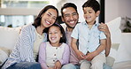 Happy family, face or mother with dad or children on sofa in home for care, safety or love together to relax. Smile, couch or proud mom with father or kids for support, trust or comfort in a house