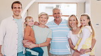 Face of grandparents, parents and children in home for bonding, relationship and relax together. Family, living room and portrait of grandpa, grandma and mom with kids for love, care and generations