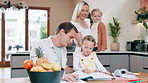 Father, daughter and homework for education, help and writing in kitchen at family home. Parents, homeschooling and bonding with children, learning and support with notebook for development at table