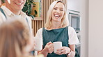 Parents, girl and happy in kitchen with coffee, conversation and relax together with bonding, love and care. Father, mother and daughter with tea, drink and talk for chat, connection and family home