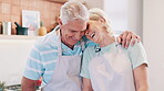 Love, cooking and laughing with old couple in kitchen of home together for health, comedy or bonding. Smile, food or baking with senior man and woman having fun in apartment for diet or nutrition