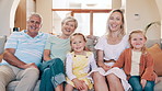 Grandparents, parents and children on sofa in home for bonding, relationship and relax together. Family, living room and portrait of grandpa, grandma and mom with kids for love, care and generations