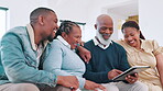 Tablet, happy and black family on sofa in living room of home together for bonding or visit. Smile, man and woman with senior parents talking in apartment for social media browsing on technology