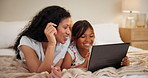 Home, bedroom and mother with girl, tablet and typing with a smile and cartoon with joy on a weekend break. Vacation, family or mama with daughter and tech with child development and storytelling app