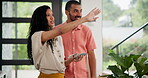 Man, woman or planning color for new home, painting or interior design in property investment with love together. Husband, wife or talk of creative ideas in living room or renovation for modern house