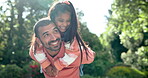 Happy father, girl and piggyback outdoor with games, fun in the sun and excited for bonding, love and support. Mexican dad, family or parent playing with child in nature, garden or park for adventure