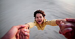 Happy child, parent and swing at beach for game, play and holding hands in POV support, fun or excited. Face of african kid and person spinning in air for family bonding, love or adventure outdoor