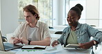 Laptop, team and students studying at university, learning statistics or data. Computer, man and woman in college together, diversity of happy friends in preparation for test and education in class