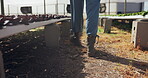 Person, boots and walking greenhouse agriculture for land inspection of supply chain, quality assurance or vegetables. Farmer, feet and behind on gardening farm field for small business, crops or job