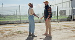 Greenhouse farming, shaking hands or farmers in partnership for agriculture production. Handshake, welcome or man with woman in sustainable business collaboration, deal or agreement for teamwork